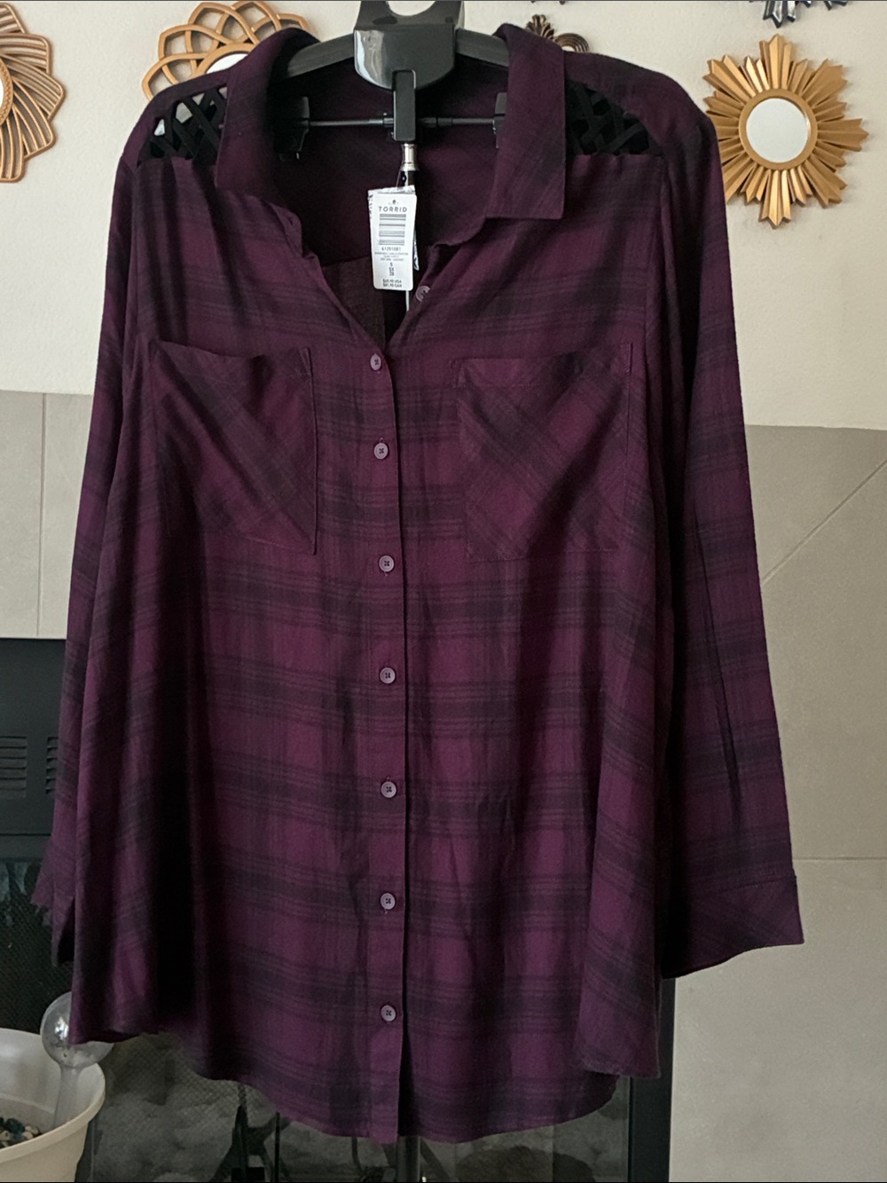 Brushed acrylic flannel button up tunic plaid purple